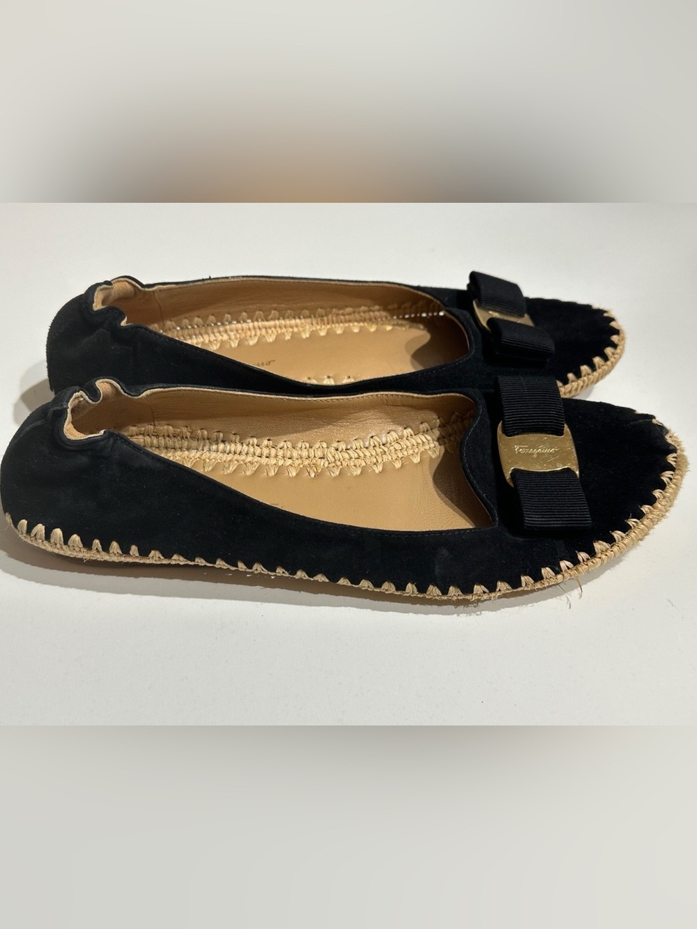 SALVATORE FERRAGAMO Black Suede Leather Espadrille Flats Vara Bow Spain Size 7 M